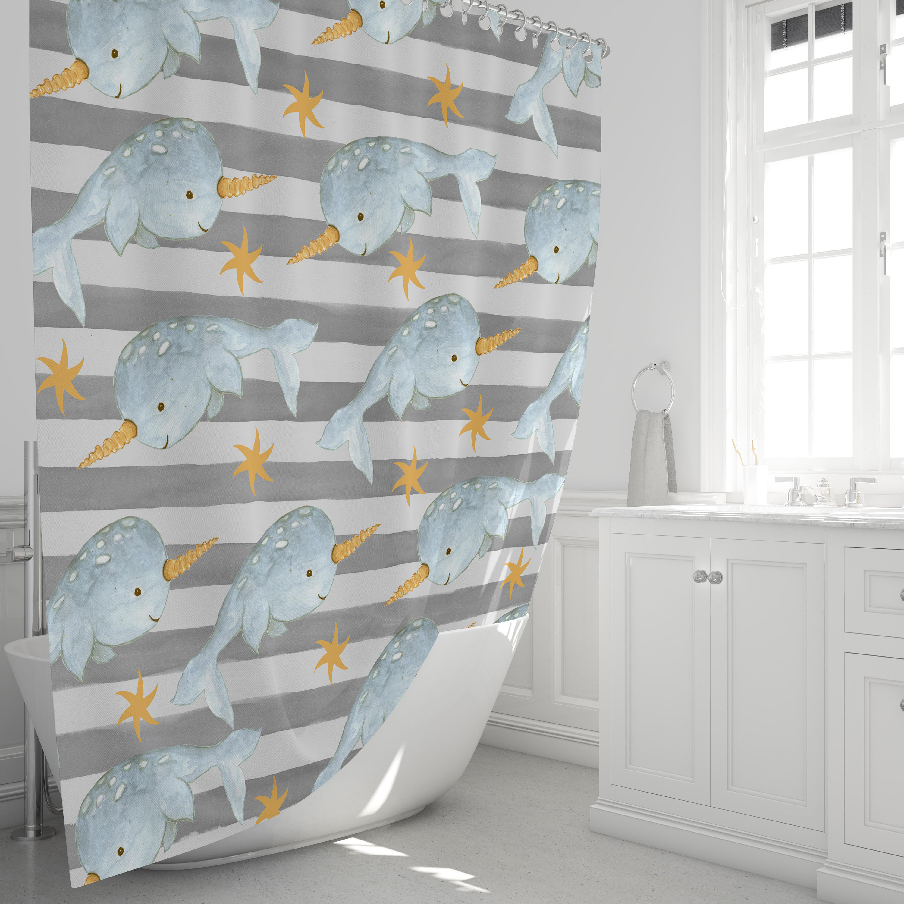 Gray Narwhal Shower Curtain with Oceanic Bathroom Decor