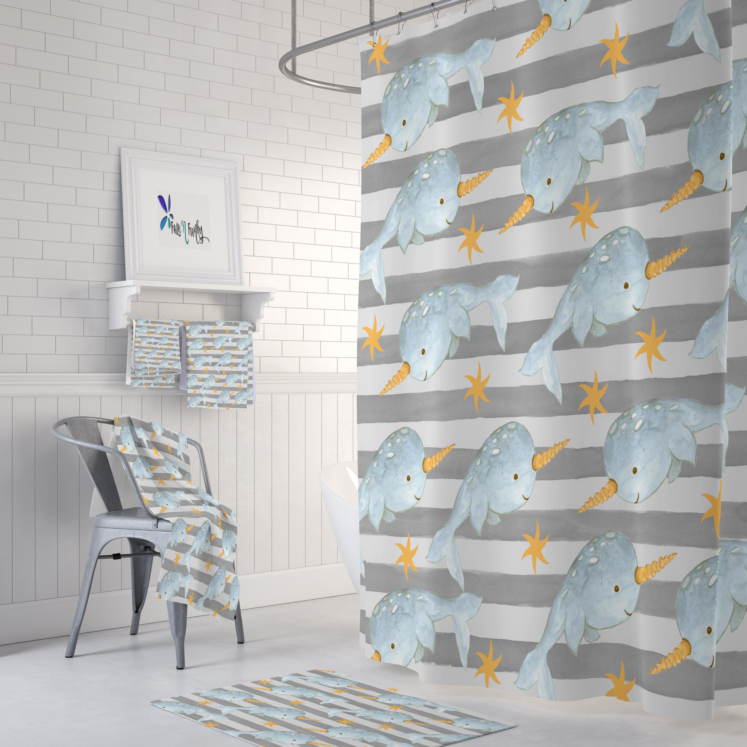 Gray Narwhal Shower Curtain with Oceanic Bathroom Decor - Image 2
