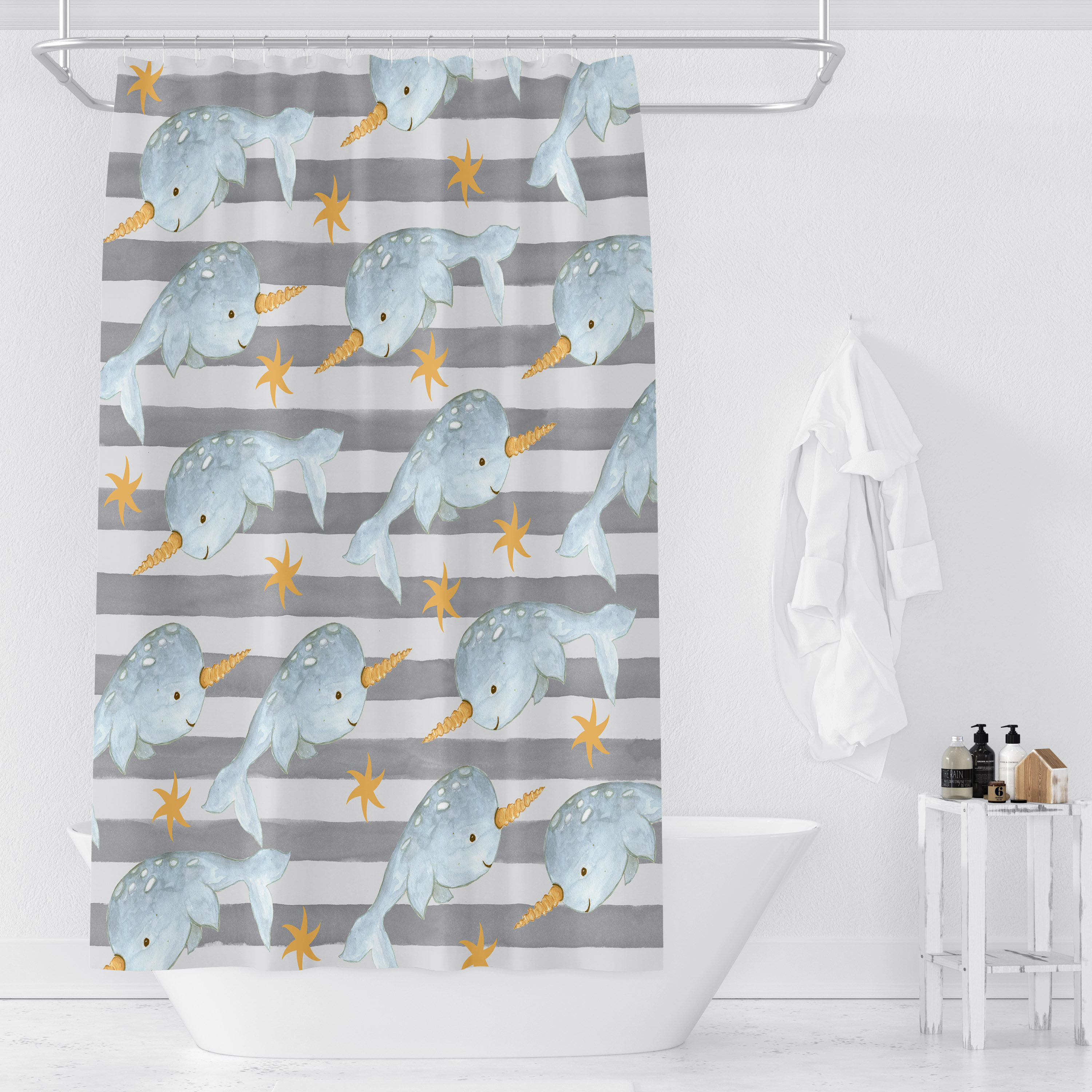 Gray Narwhal Shower Curtain with Oceanic Bathroom Decor - Image 3