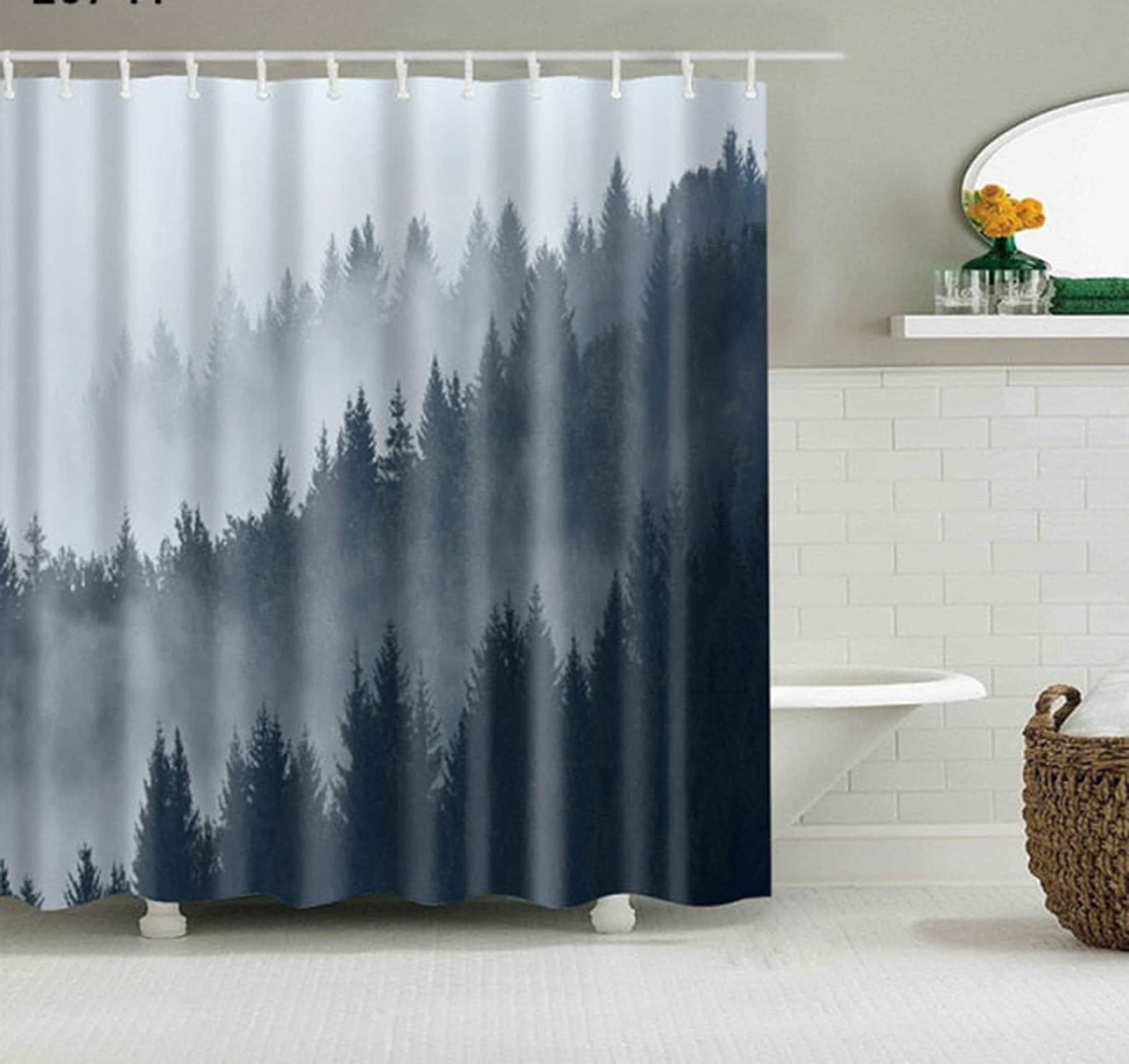 Gray Pine Trees Forest Shower Curtain - Minimalist Simple Modern Fabric Bathroom Curtain