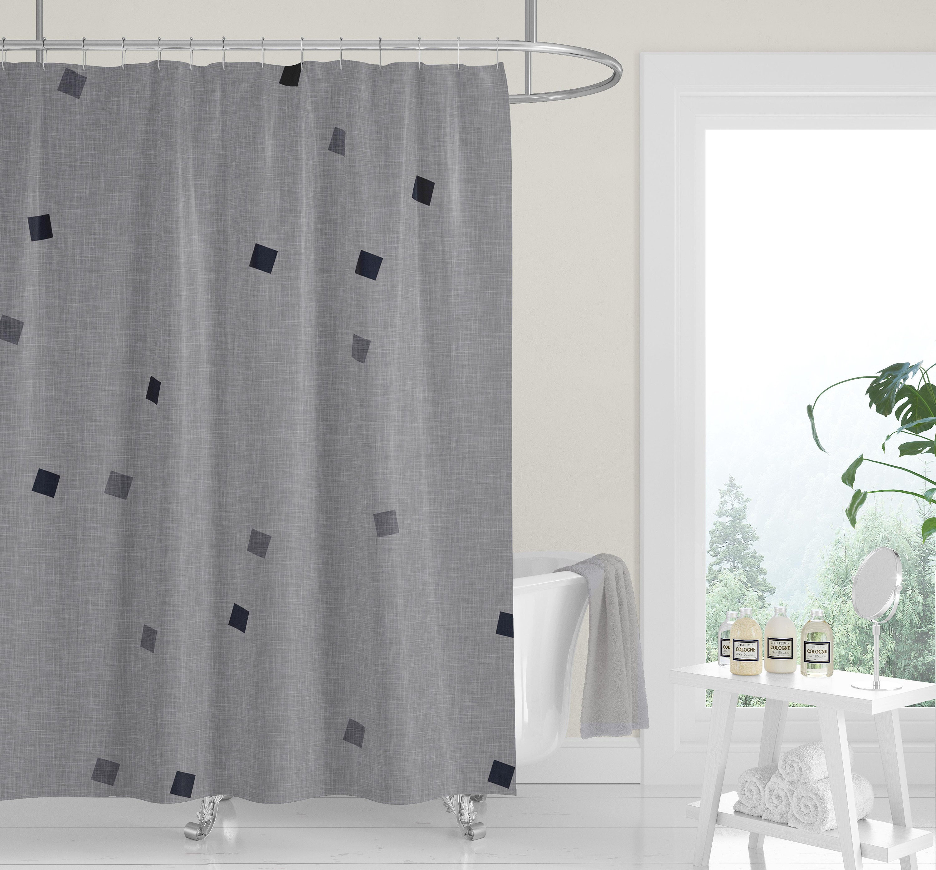 Gray Shades Geometric Minimalist Confetti Cutouts Premium FABRIC SHOWER CURTAIN | Linen Print Modern Lifestyle