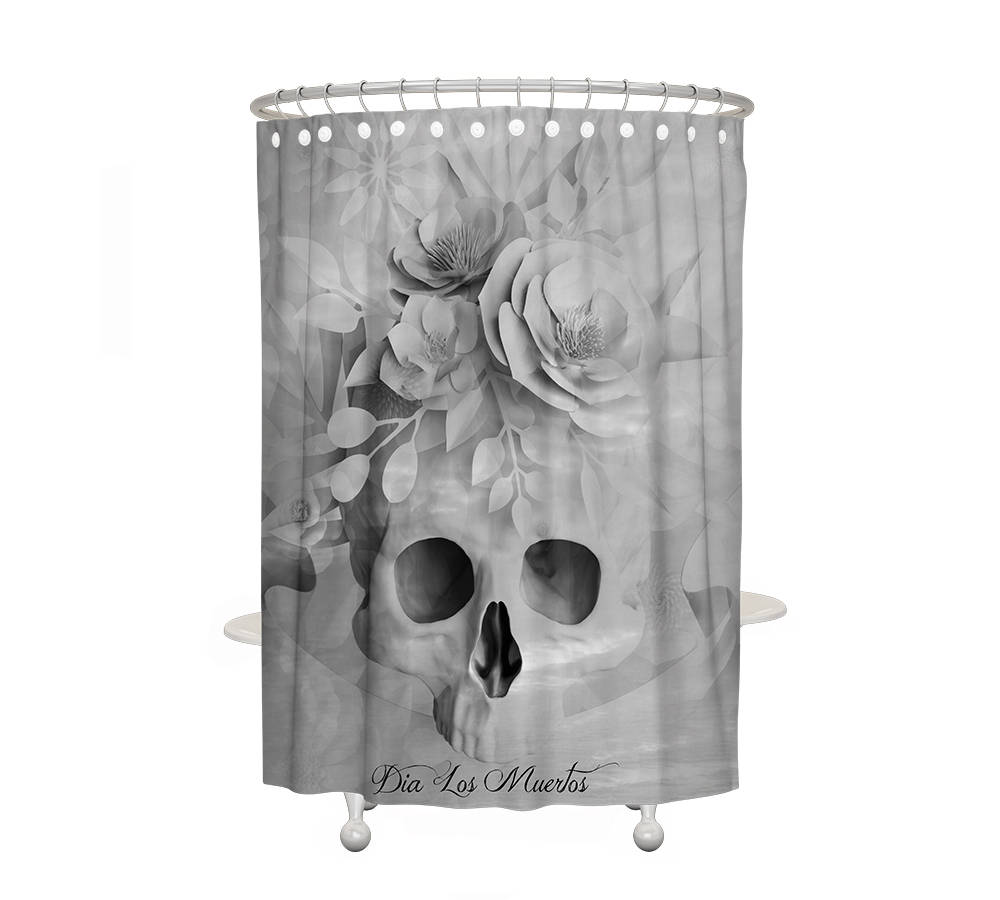 Gray Skull Shower Curtain with Day of the Dead and Gothic Bathroom Decor - Image 2