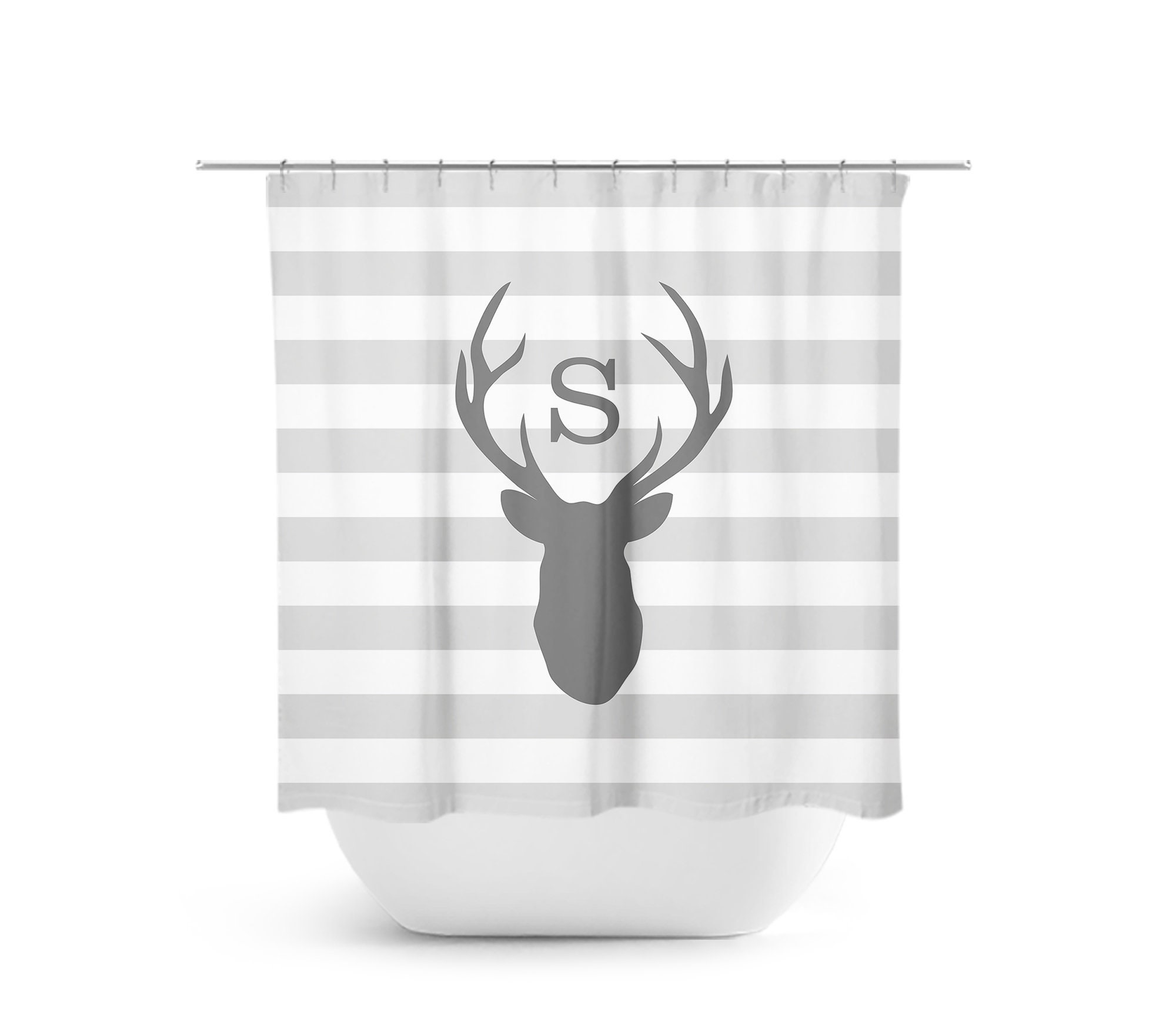 Gray Stripe Monogram Shower Curtain, Deer Head Antler Bathtub Curtain, Woodland Bathroom, Gray Bathroom Decor - SHOWER69