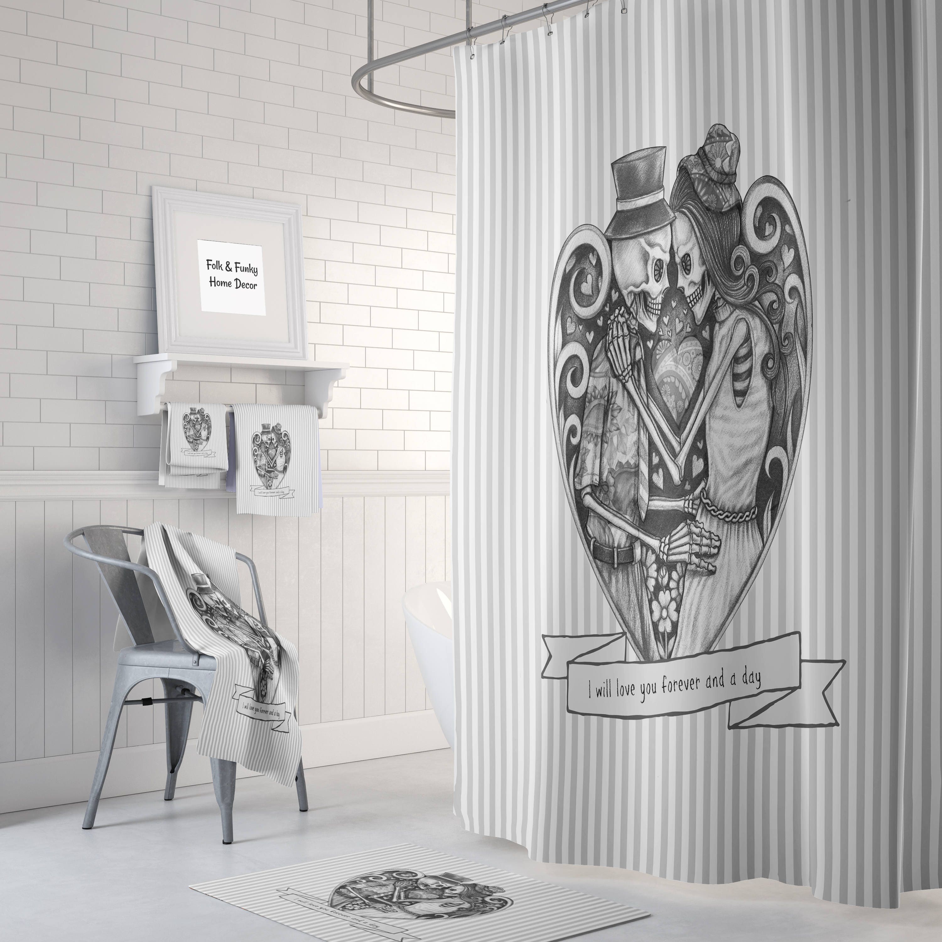 Gray Sugar Skull Couple Shower Curtain with Gothic Bathroom Decor