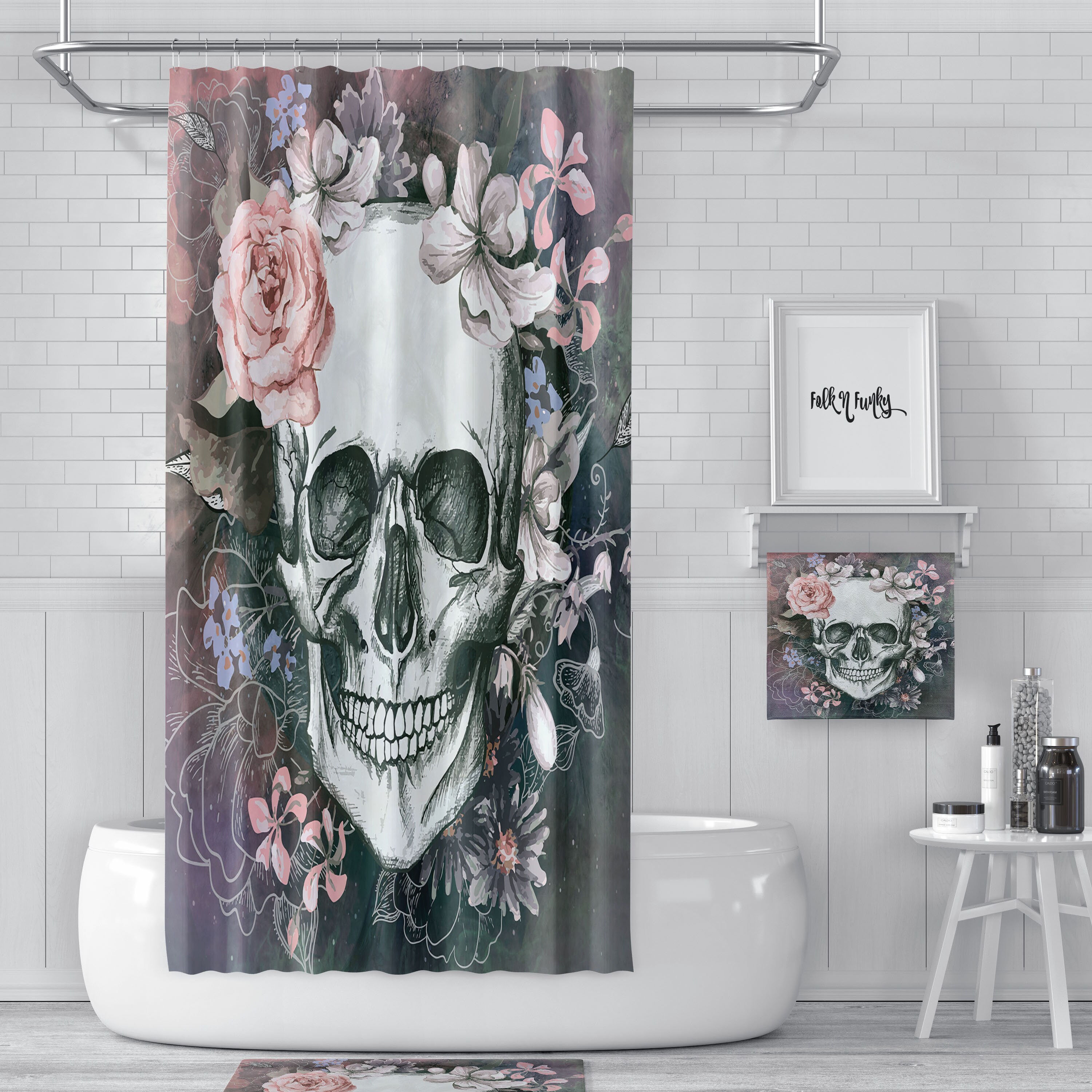 Gray Sugar Skull Shower Curtain with Antique Style - Image 2