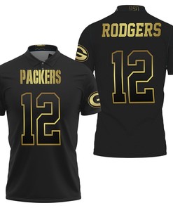 Green Bay Packers 12 Aaron Rodgers Black Golden Edition Jersey Inspired 3D All Over Print Polo Shirt with Polo Collar