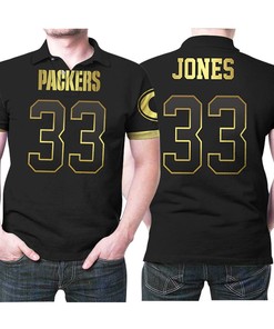 Green Bay Packers Aaron Jones 33 Black Golden Edition Vapor Jersey Style Polo Shirt with Breathable Fabric