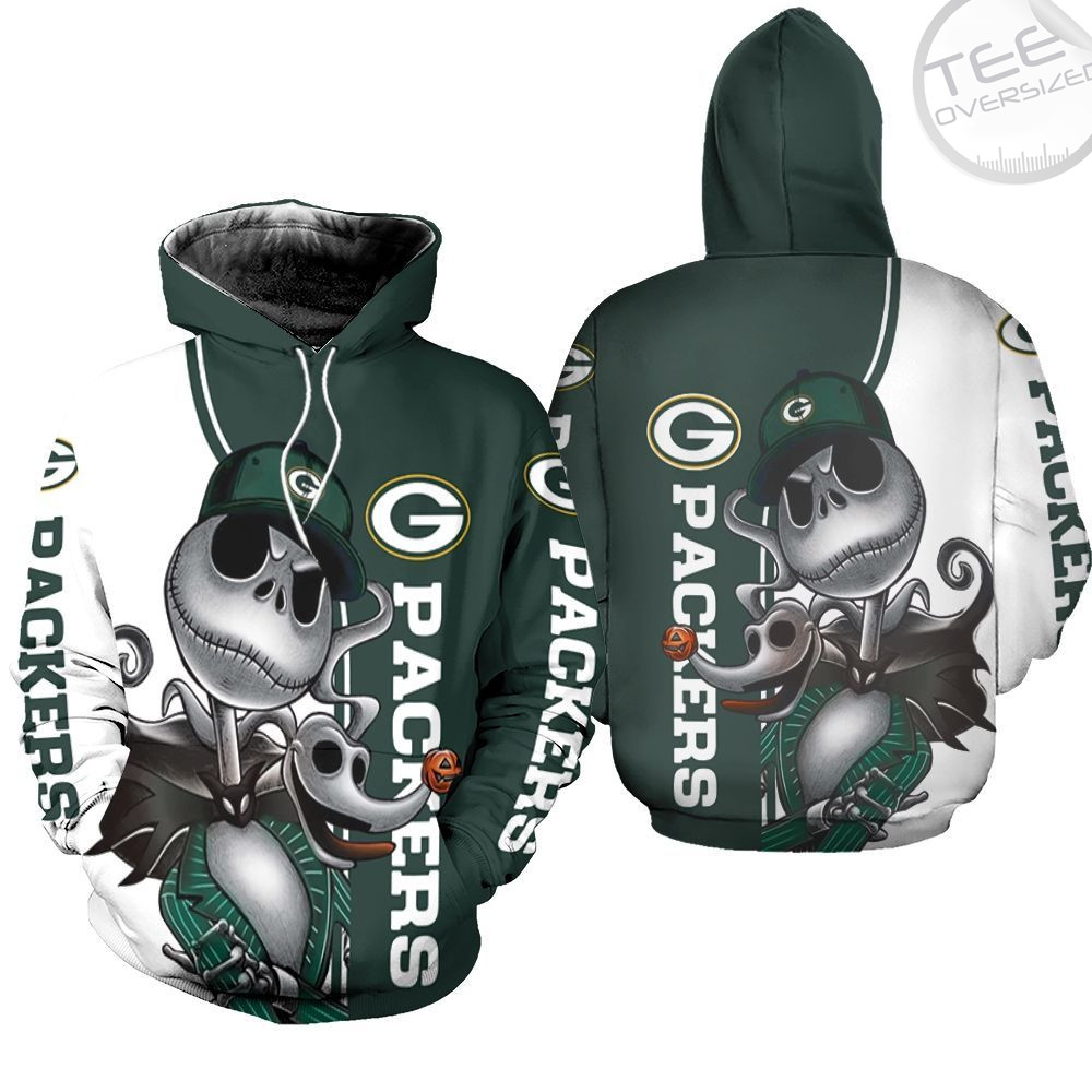 Green Bay Packers All Over Print 3D Unisex Hoodie with Jack Skellington and Zero
