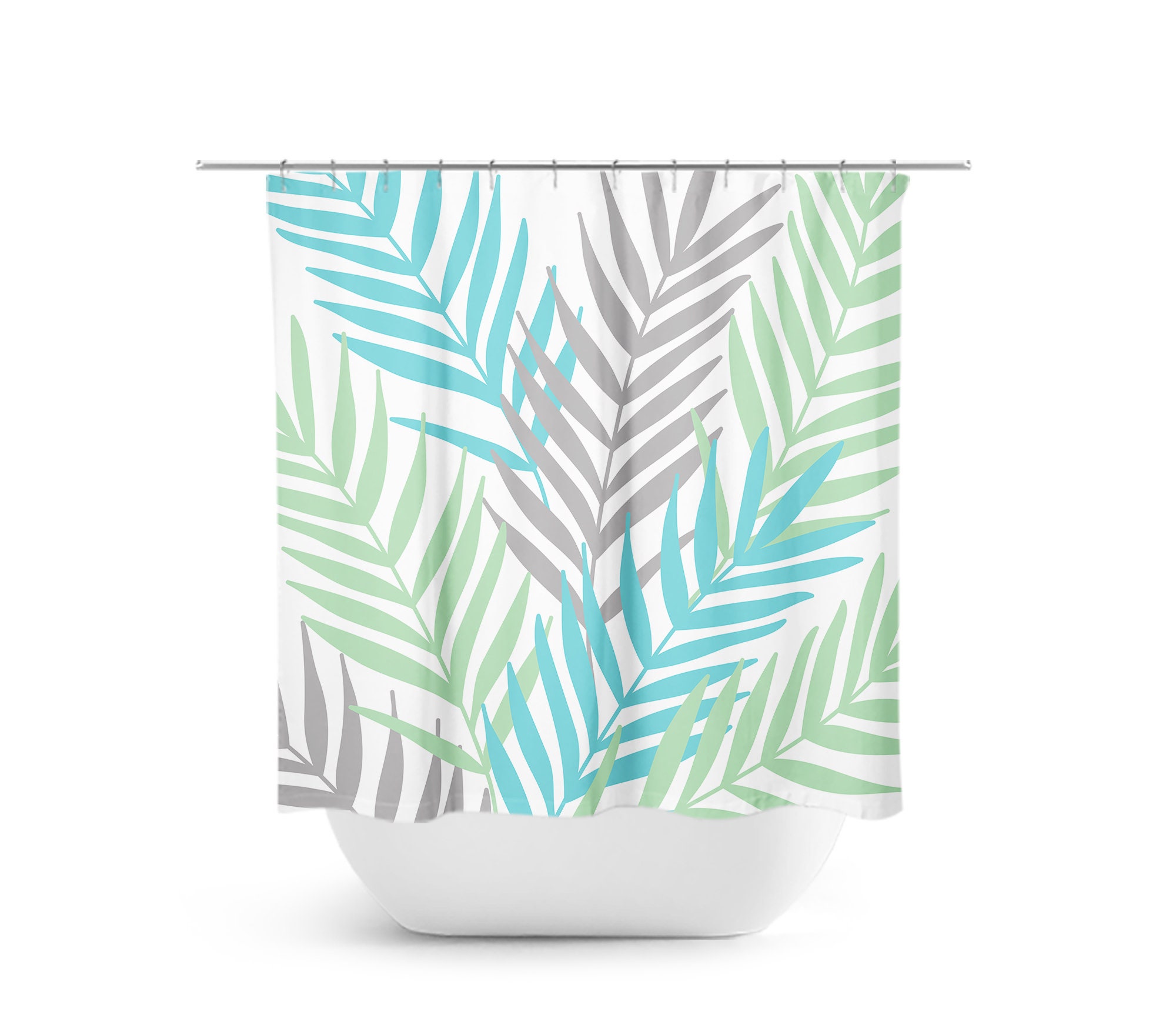 Green Blue Gray Sea Glass Shower Curtain, Tropical Guest Bathroom Decor with Palm Tree Leaves - SHOWER63