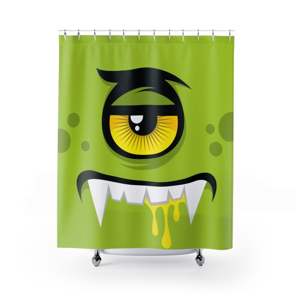 Green Eye Monster Face Shower Curtain | Kids Bathroom Shower Curtain, Travel Shower Curtain | Home Bath Decor