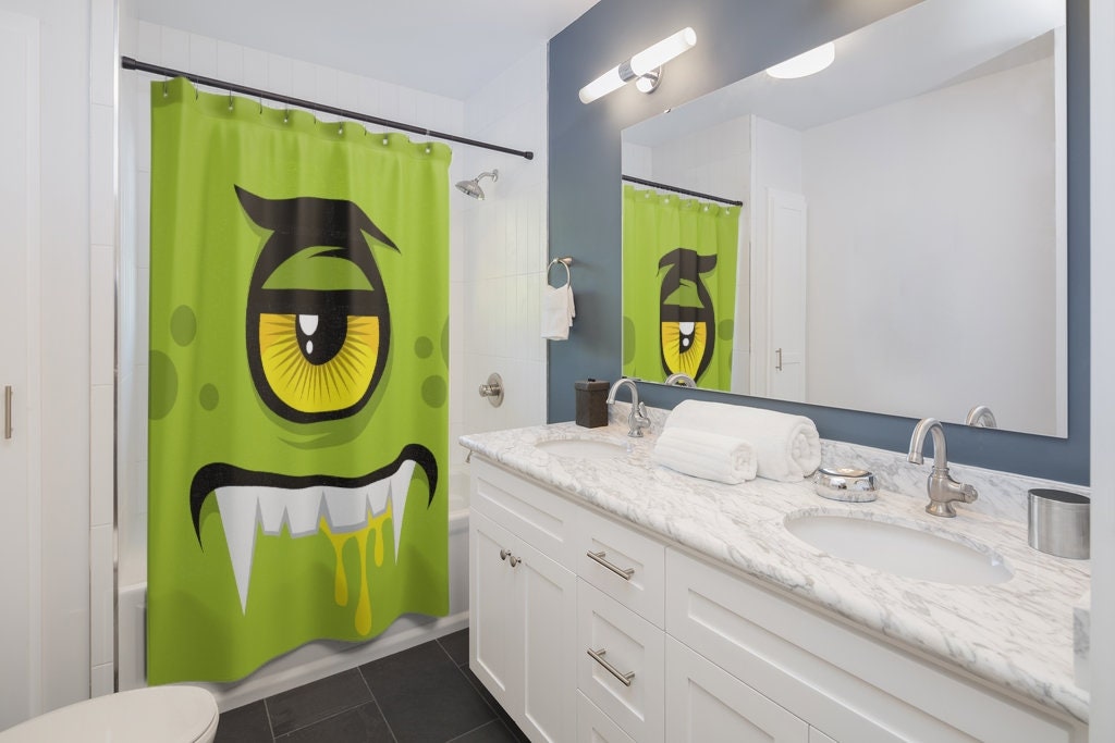 Green Eye Monster Face Shower Curtain | Kids Bathroom Shower Curtain, Travel Shower Curtain | Home Bath Decor - Image 2