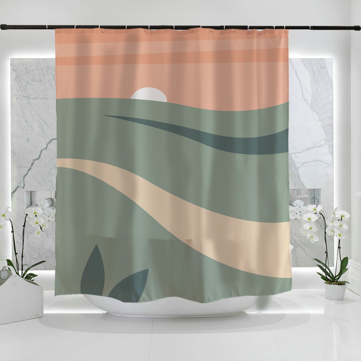 Green Field Orange Sky Sunrise Modern Art Shower Curtain - Waterproof and Extra Heavy Quality - Image 2
