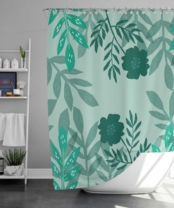 Green Floral Shower Curtain | Botanical Flower Leaves Fabric Bathroom Curtain Set | Home Bath Decor