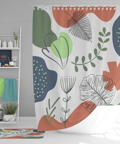 Green Leaves Boho Shower Curtain, Bohemian Abstract Retro Fabric, for Home Bathroom Decor Accessories