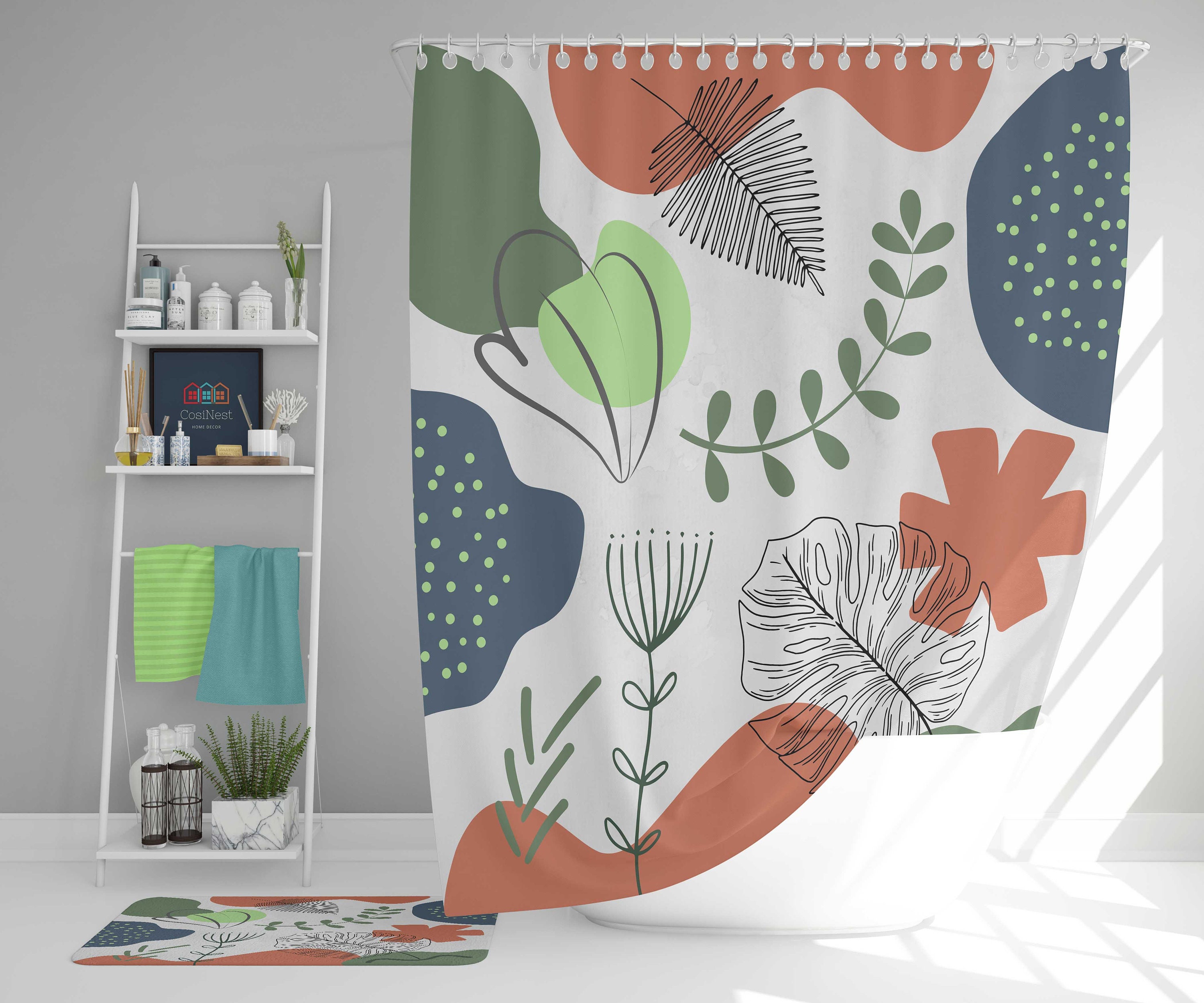Green Leaves Boho Shower Curtain, Bohemian Abstract Retro Fabric, for Home Bathroom Decor Accessories