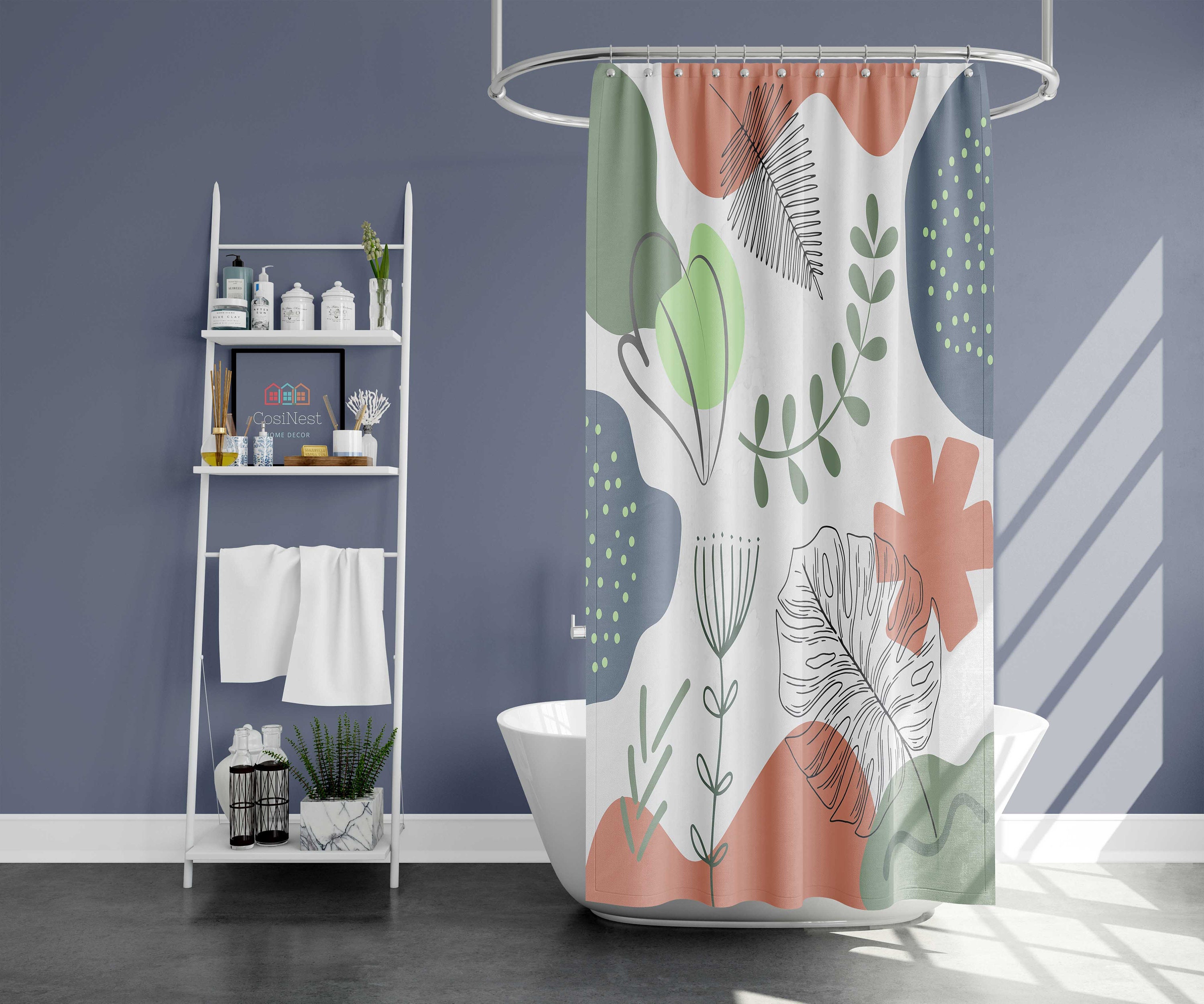 Green Leaves Boho Shower Curtain, Bohemian Abstract Retro Fabric, for Home Bathroom Decor Accessories - Image 2