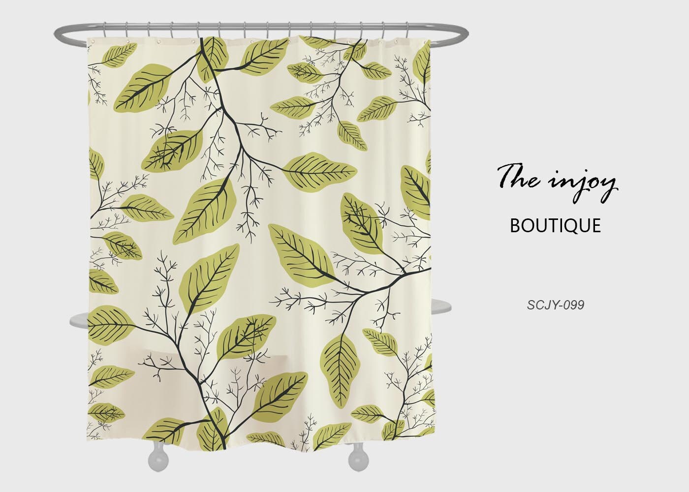 Green Leaves Shower Curtain with Hooks - Heavy Duty Polyester Fabric - Waterproof and Durable
