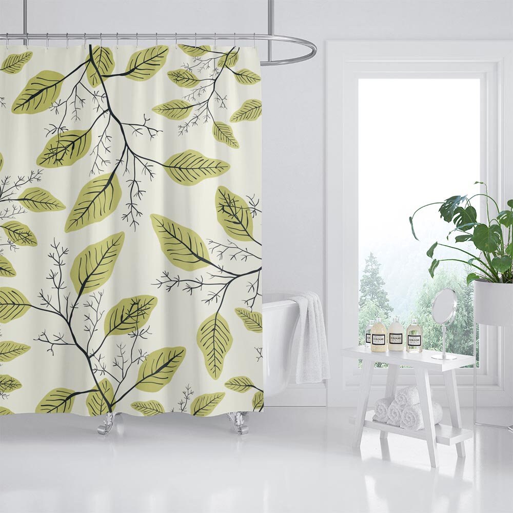 Green Leaves Shower Curtain with Hooks - Heavy Duty Polyester Fabric - Waterproof and Durable - Image 2