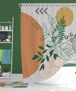 Green Leaves Sun Boho Shower Curtain, Bohemian Abstract Retro Fabric, for Home Bathroom Decor Accessories