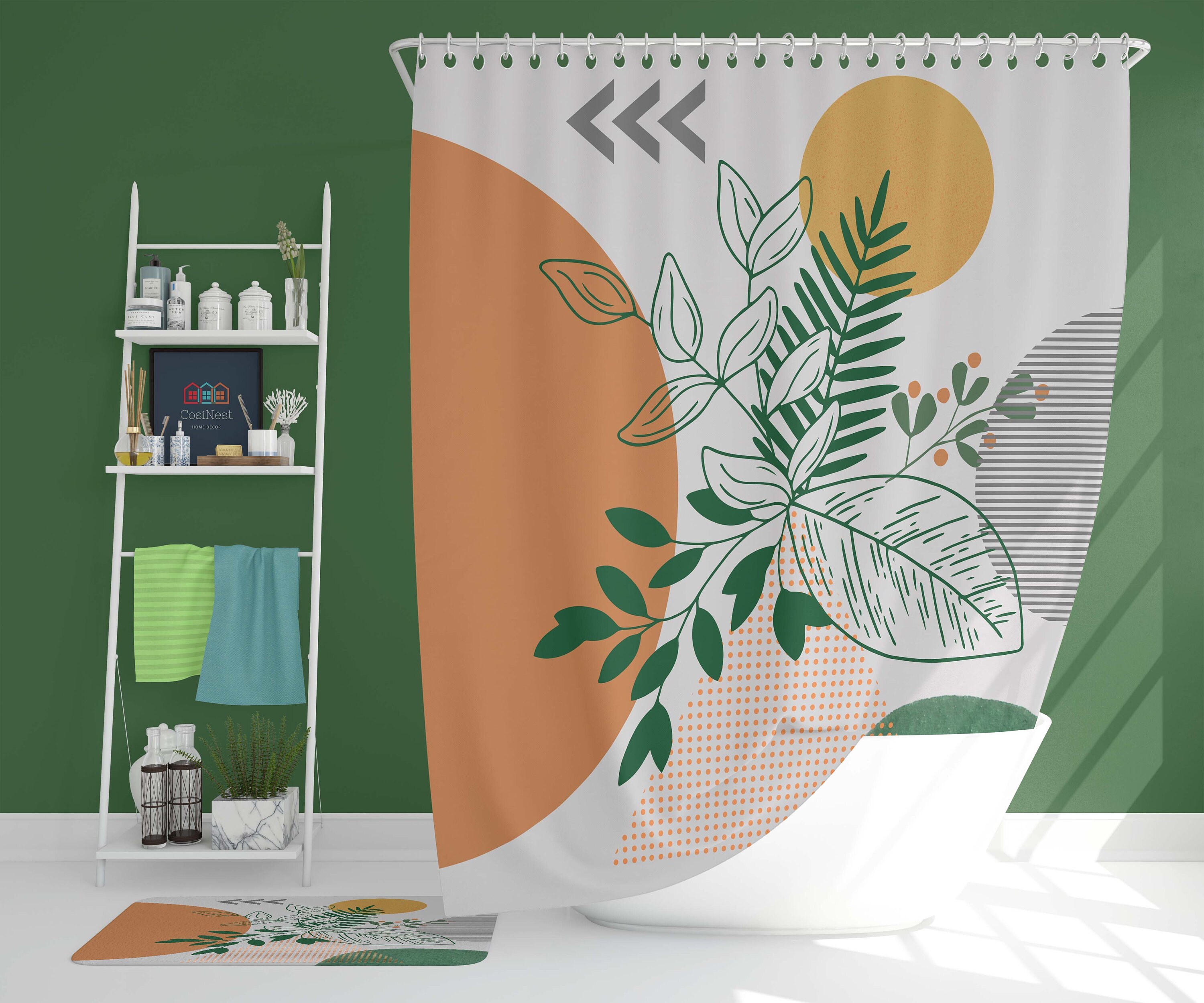 Green Leaves Sun Boho Shower Curtain, Bohemian Abstract Retro Fabric, for Home Bathroom Decor Accessories
