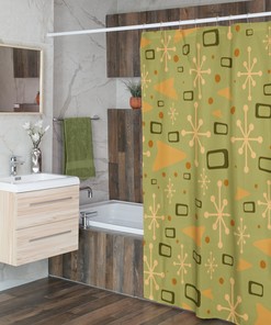 Green Mid Century Modern Inspired Shower Curtain with Vintage Bathroom Flair