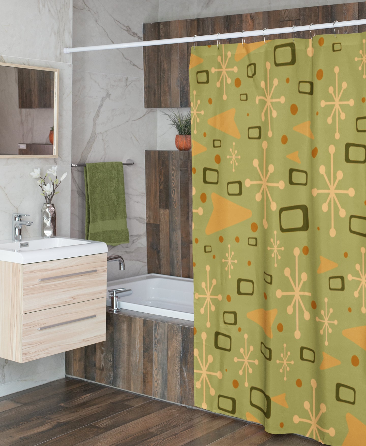 Green Mid Century Modern Inspired Shower Curtain with Vintage Bathroom Flair