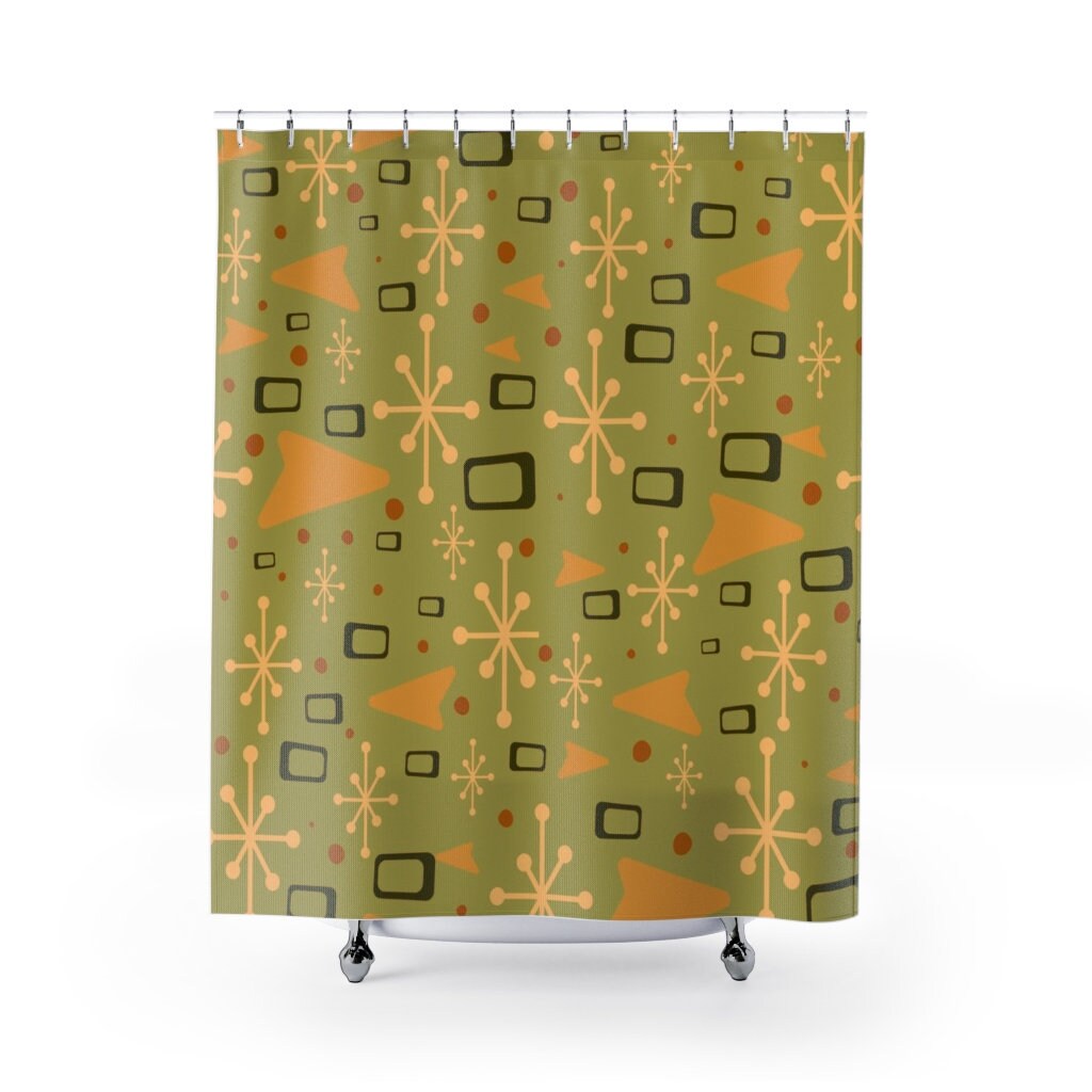 Green Mid Century Modern Inspired Shower Curtain with Vintage Bathroom Flair - Image 2
