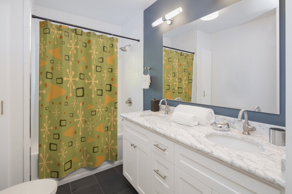 Green Mid Century Modern Inspired Shower Curtain with Vintage Bathroom Flair - Image 3