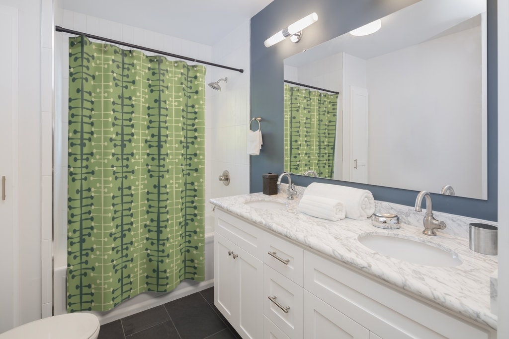 Green Mid Century Modern Shower Curtain | Retro Bathroom Decor | 1960s Bathroom Decor | Guest Bathroom Decor - Image 2