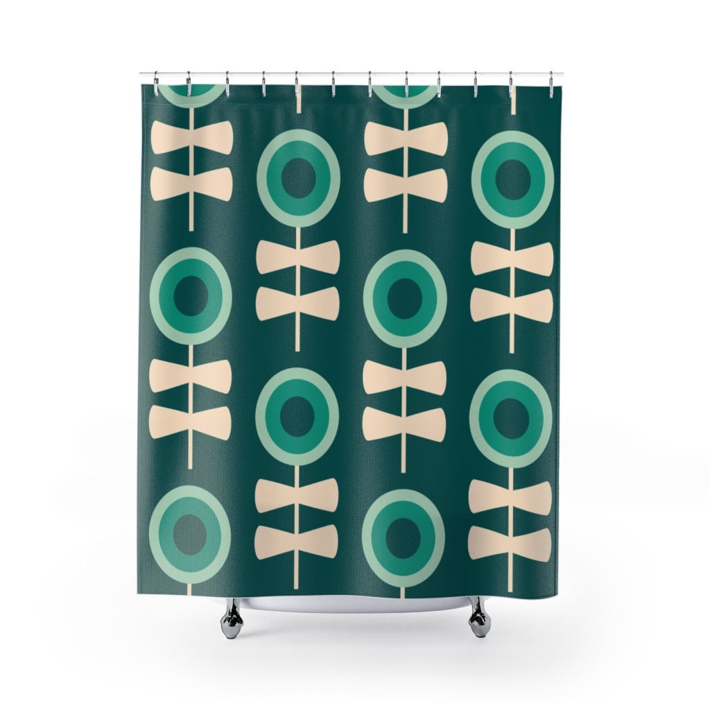 Green Mid Century Modern Shower Curtain | Retro Bathroom Decor | MCM Style | Vintage-inspired