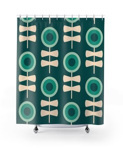 Green Mid Century Modern Shower Curtain | Retro Bathroom Decor | MCM Style | Vintage-inspired