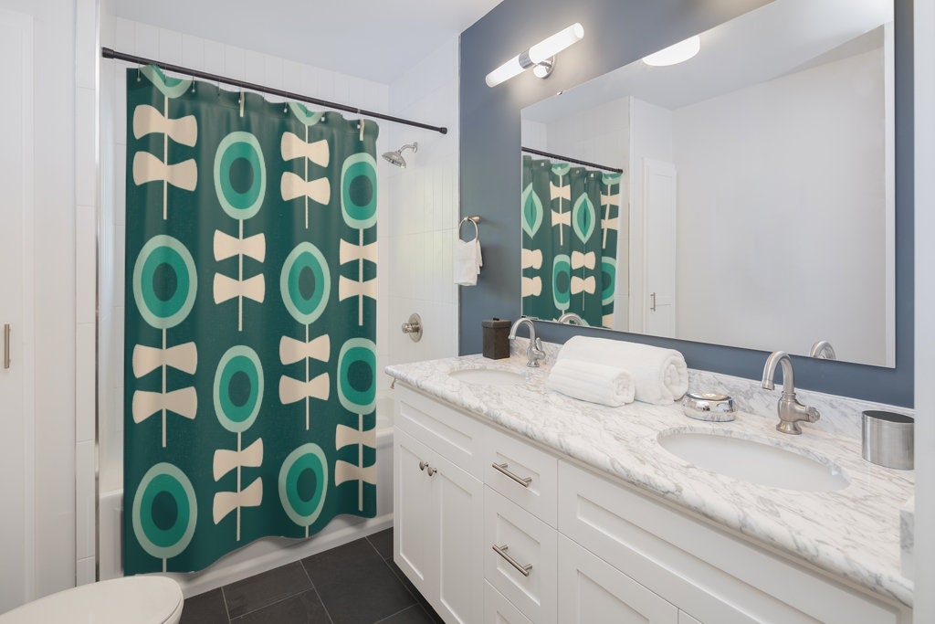 Green Mid Century Modern Shower Curtain | Retro Bathroom Decor | MCM Style | Vintage-inspired - Image 2