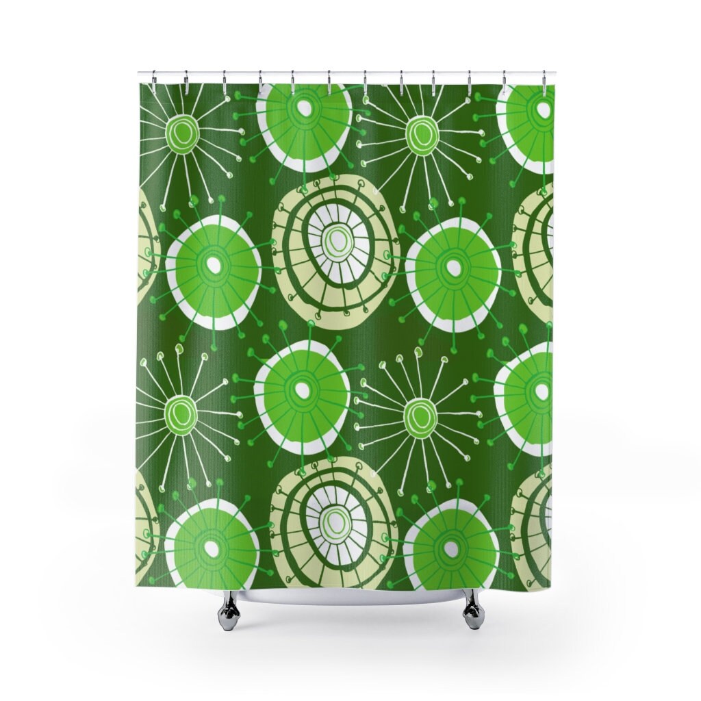 Green Mid Century Modern Shower Curtain for Retro Bathroom