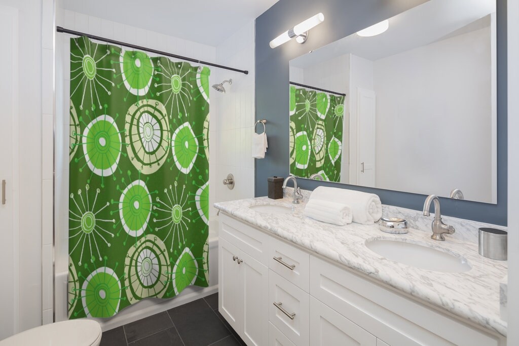 Green Mid Century Modern Shower Curtain for Retro Bathroom - Image 2
