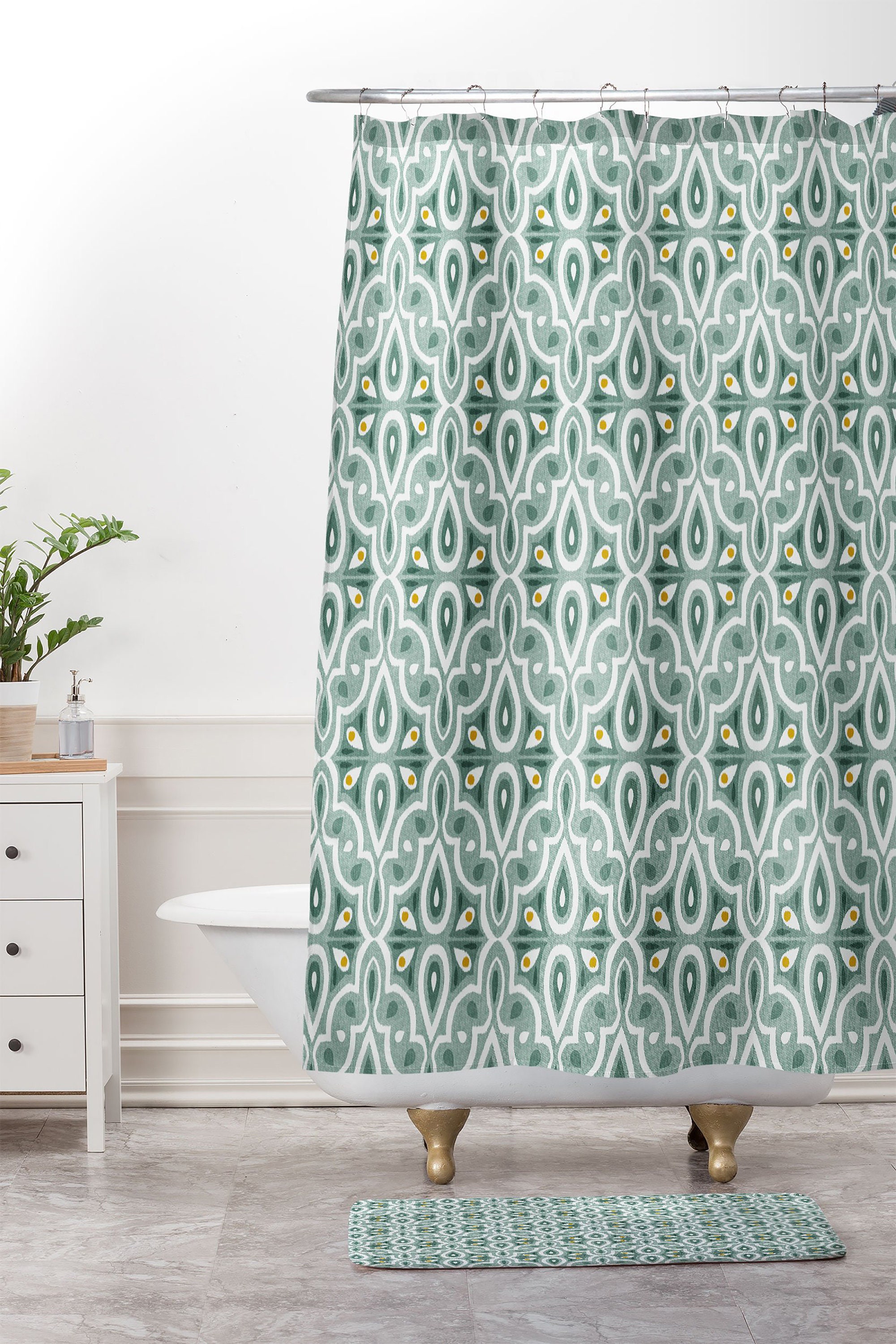 Green Moroccan Boho Geometric Shower Curtain / Fabric Bath Curtain / Vintage-Inspired