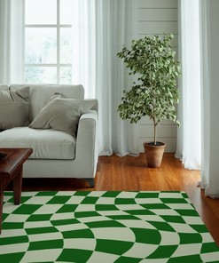 Green Pastel Checkered Aesthetic Rug with Non-Slip Floor Mat for Soft Living Room or Kids Room Decor