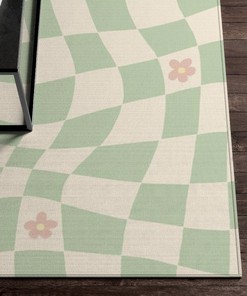 Green Pastel Retro Checkered Rug with Non-Slip Floor Mat for Soft Living Room or Kids Room Decor
