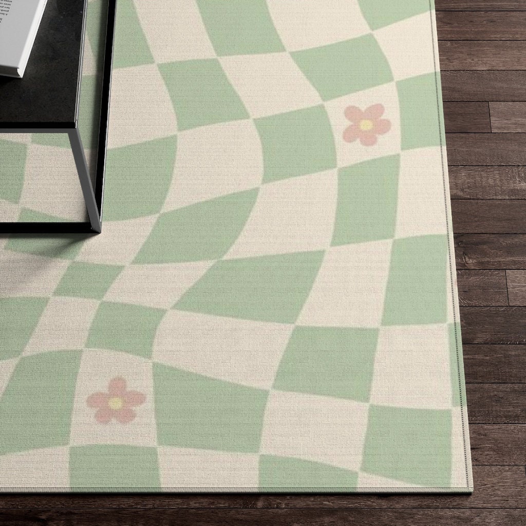 Green Pastel Retro Checkered Rug with Non-Slip Floor Mat for Soft Living Room or Kids Room Decor