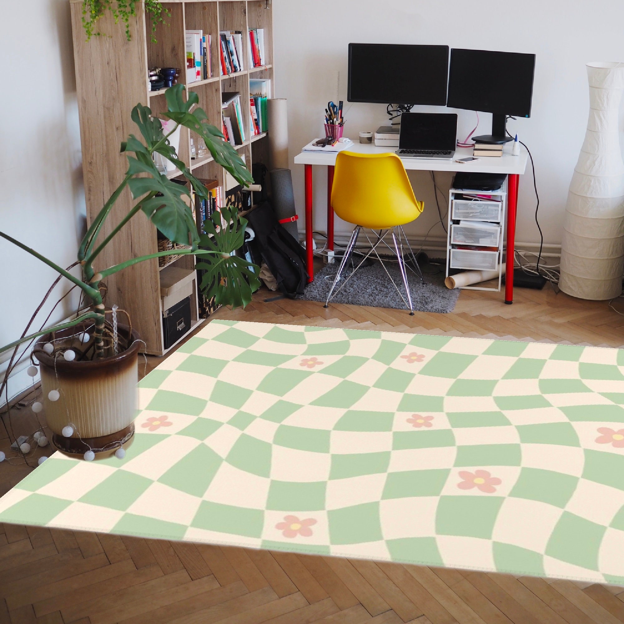 Green Pastel Retro Checkered Rug with Non-Slip Floor Mat for Soft Living Room or Kids Room Decor - Image 2