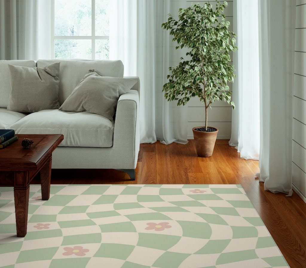 Green Pastel Retro Checkered Rug with Non-Slip Floor Mat for Soft Living Room or Kids Room Decor - Image 3