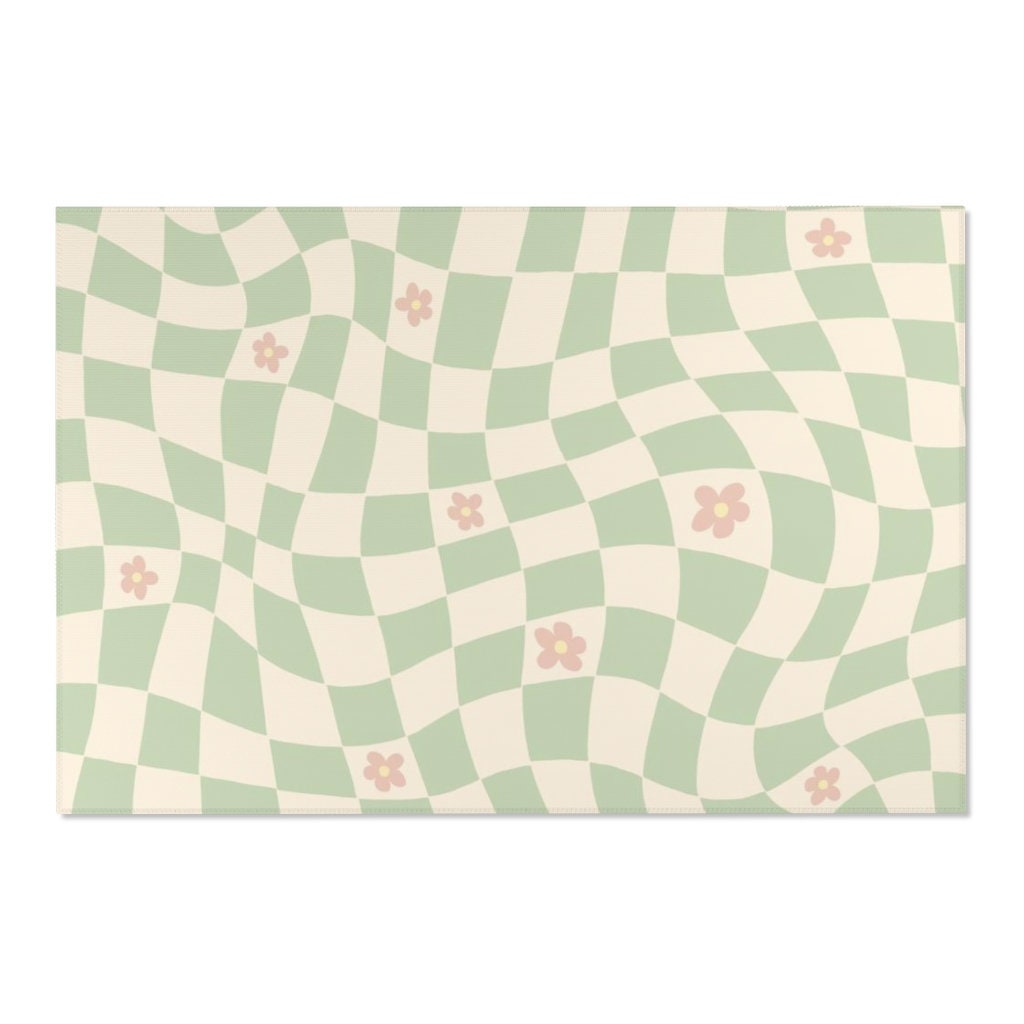 Green Pastel Retro Checkered Rug with Non-Slip Floor Mat for Soft Living Room or Kids Room Decor - Image 4