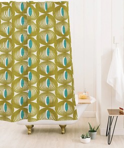 Green Retro Geometric Shower Curtain, Mid Century Modern Bathroom Decor, Fabric Bath Curtain
