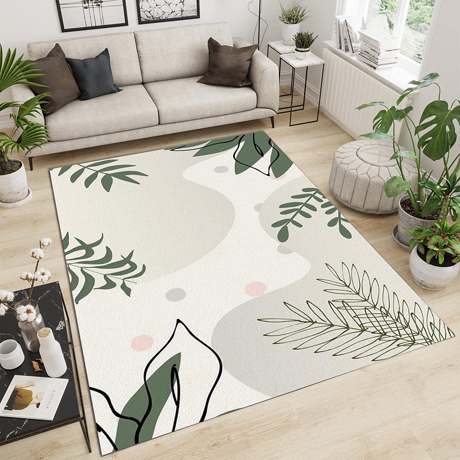 Green Small Fresh Branches Thick Soft Plush Area Rugs, Machine Washable Breathable Durable Mat with Vintage 70s Style