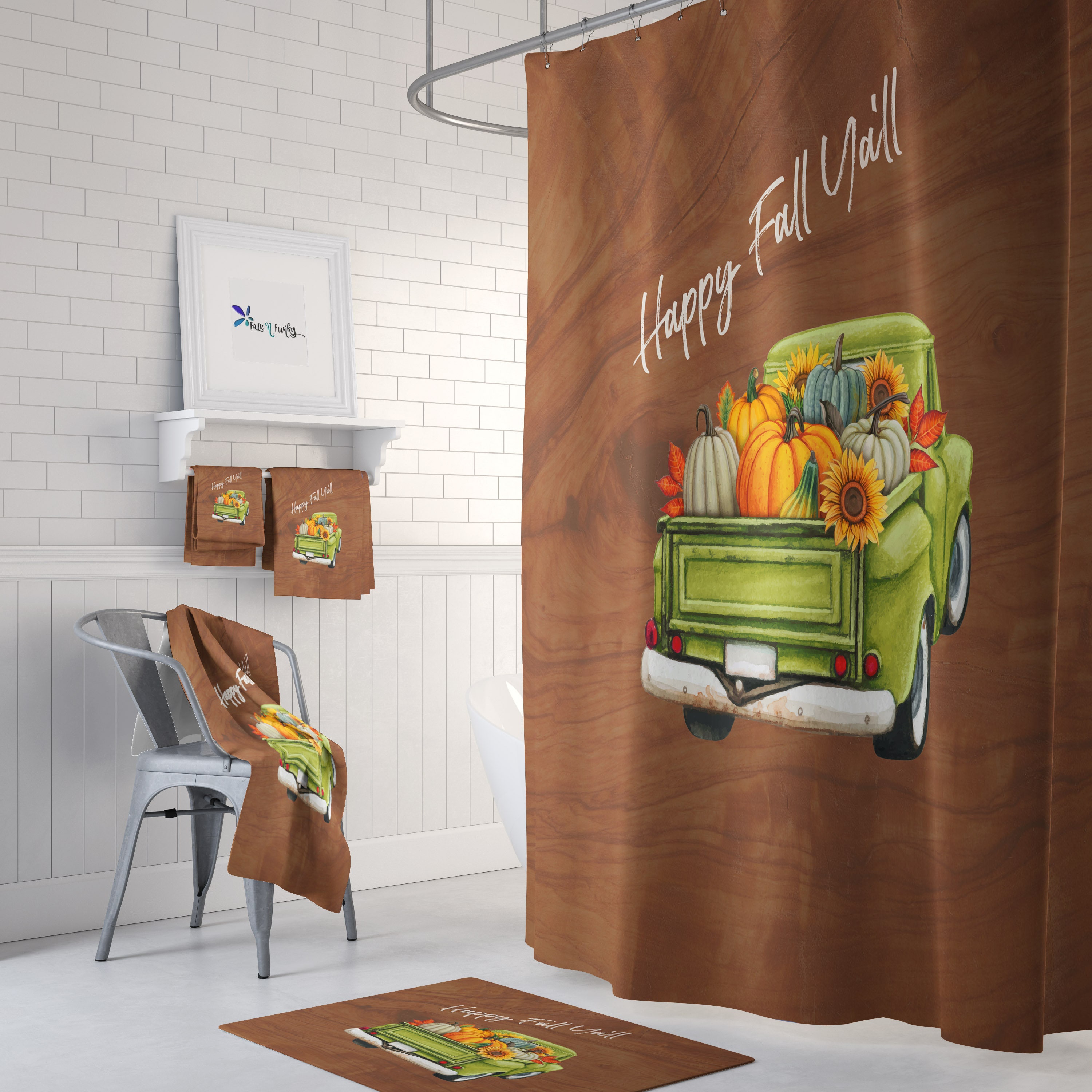 Green Truck Fall Shower Curtain with Seasonal Bathroom Decor
