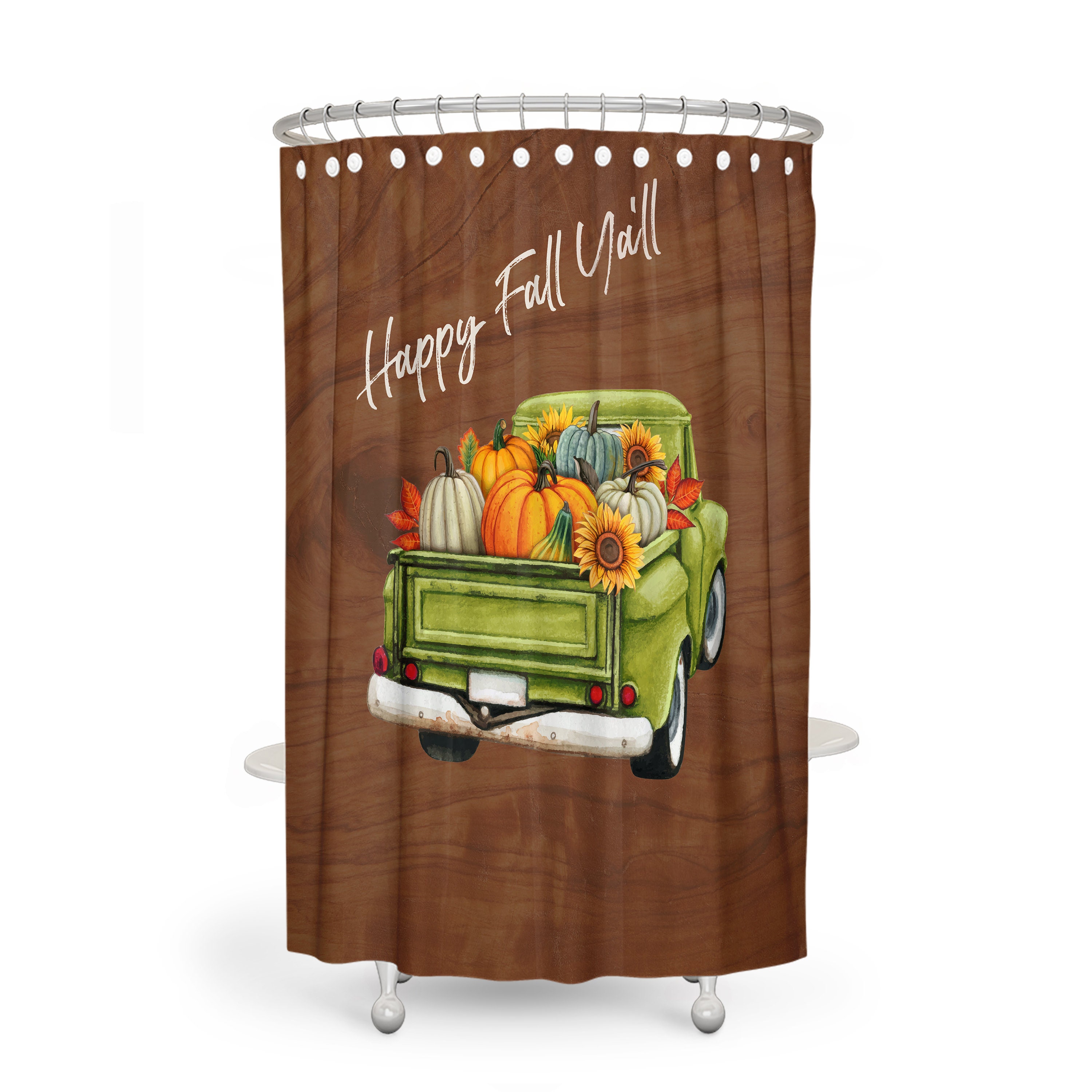 Green Truck Fall Shower Curtain with Seasonal Bathroom Decor - Image 2