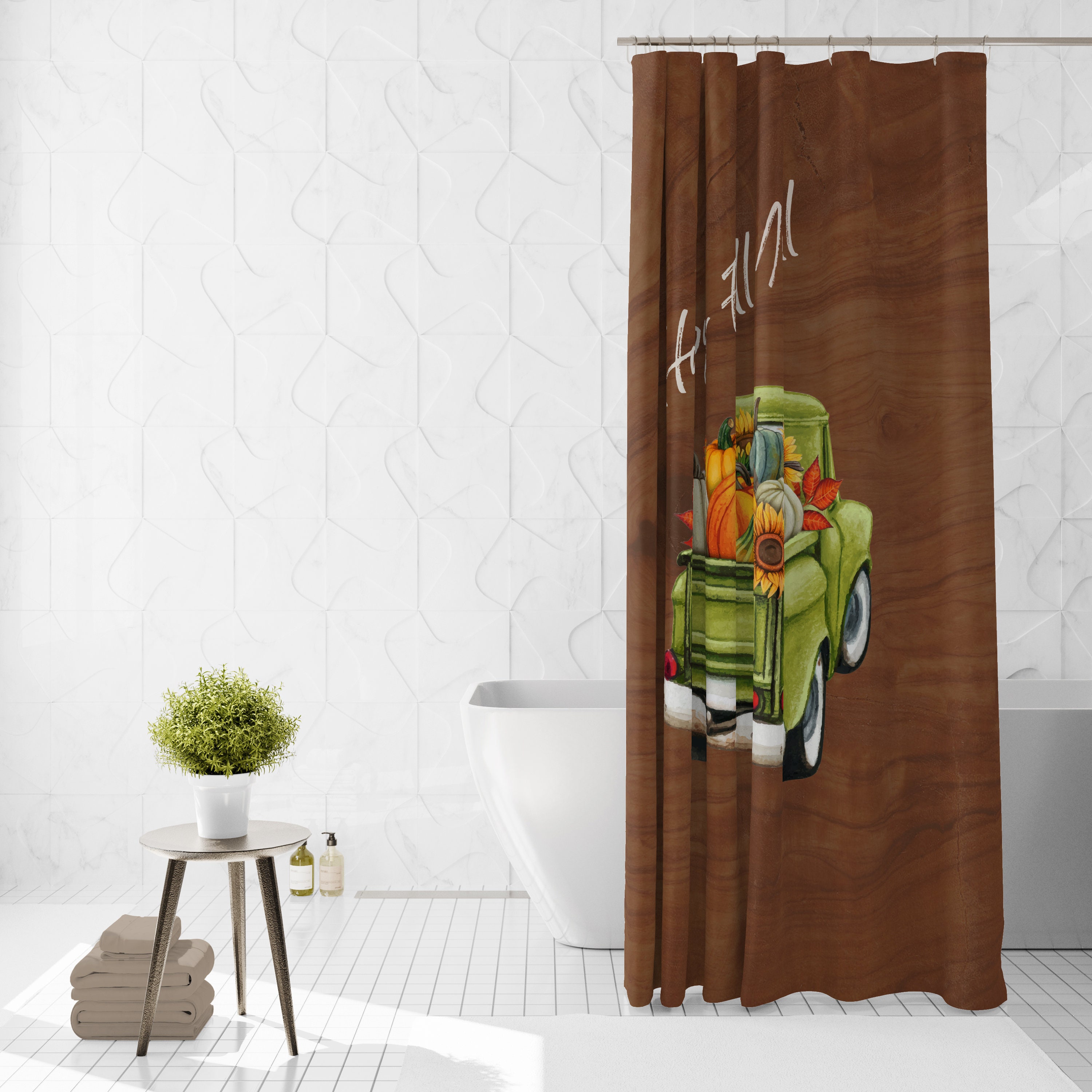 Green Truck Fall Shower Curtain with Seasonal Bathroom Decor - Image 3