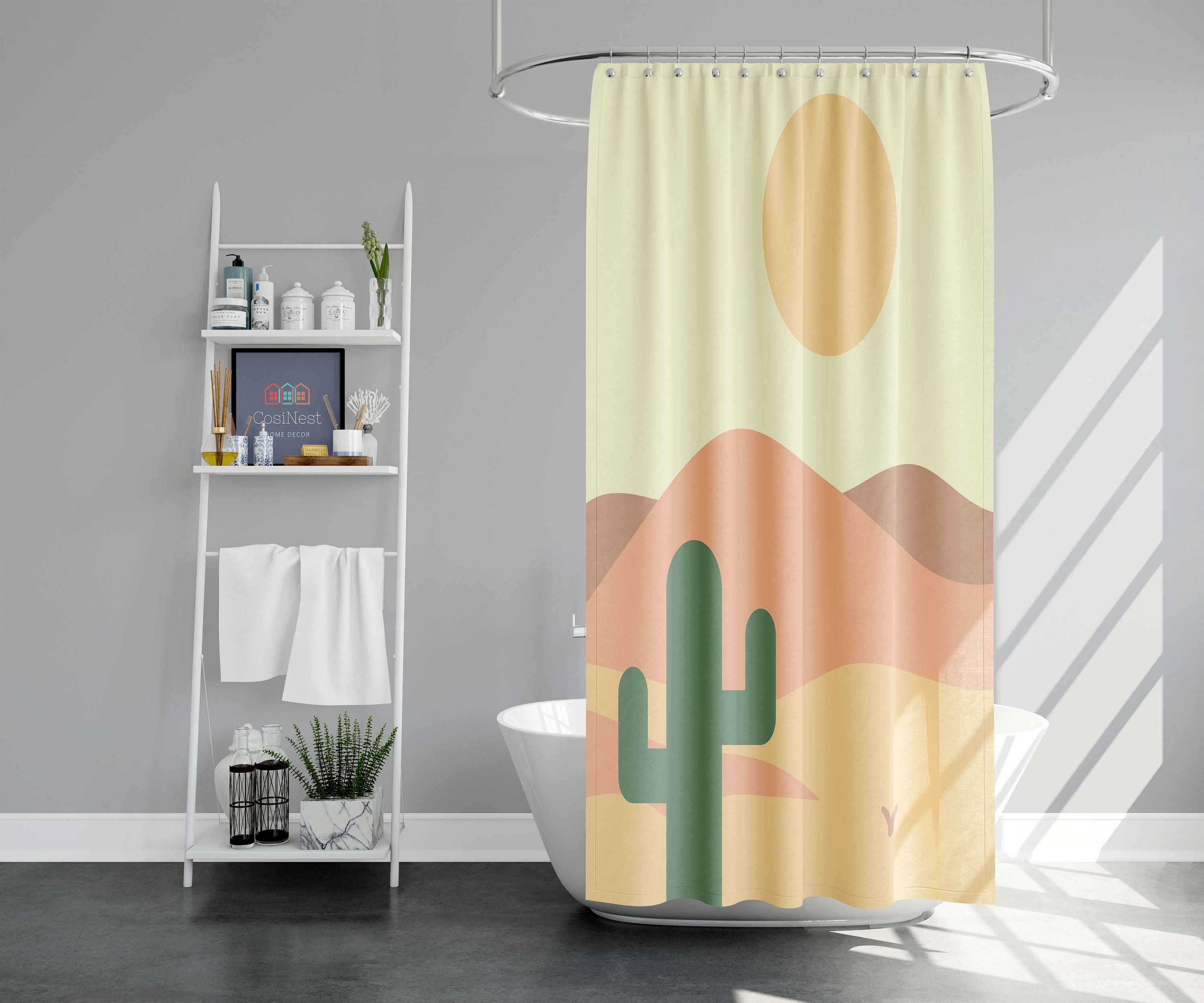 Green cacti flora botanical Shower Curtain | Cactus in the desert fabric Bathroom Curtain - Image 2