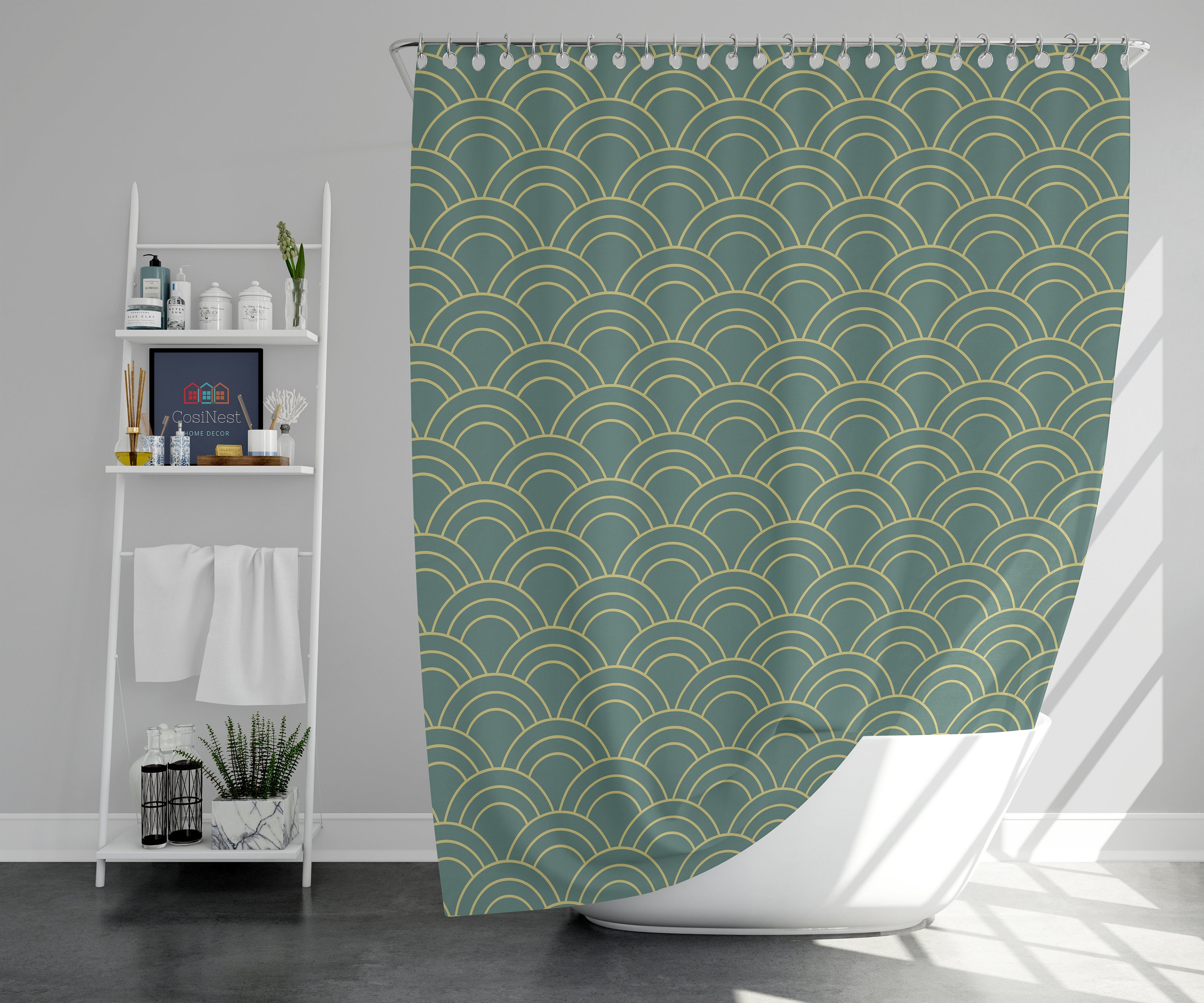 Green coastal beach themed Shower Curtain | Ocean wave Japanese classic fabric Bathroom Curtain & Mat House gift