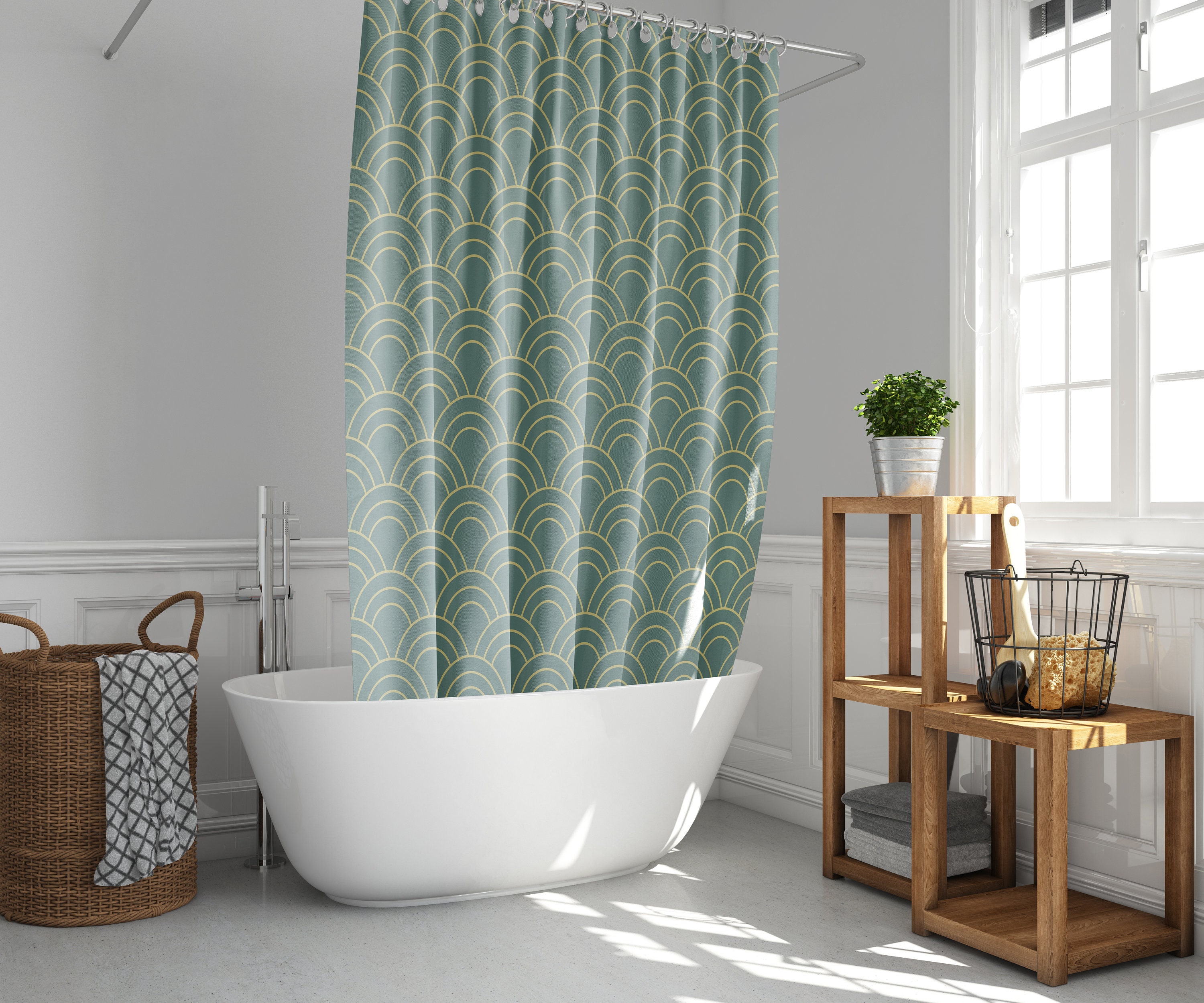 Green coastal beach themed Shower Curtain | Ocean wave Japanese classic fabric Bathroom Curtain & Mat House gift - Image 2