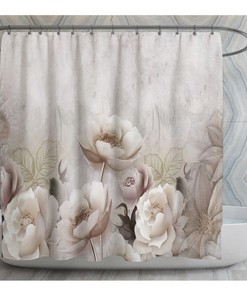 Greige 3D Floral Shower Curtain, Unique Bathtub Curtain with Elegant Gray and Beige Flowers
